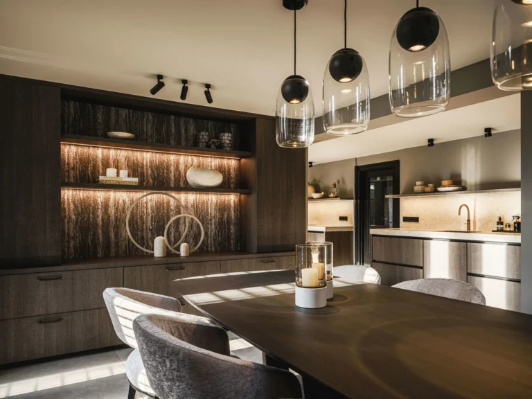 Eetkamer met donkere maatwerkkast, verlichte nis met gestructureerd paneel en glazen hanglampen boven de tafel.