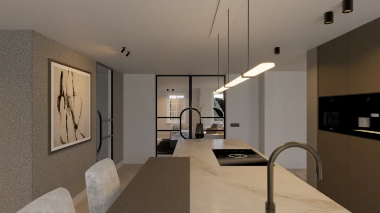 De keuken die door de plaatsing van het volume het hart van de woning werd.