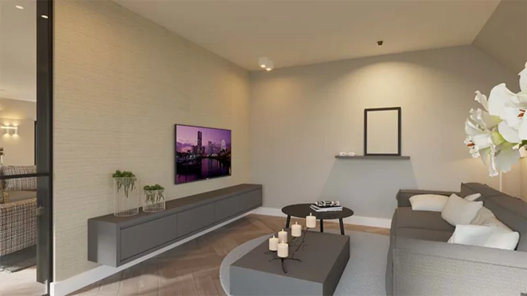 De tv-kamer in de woonboerderij in Hoornsterzwaag.