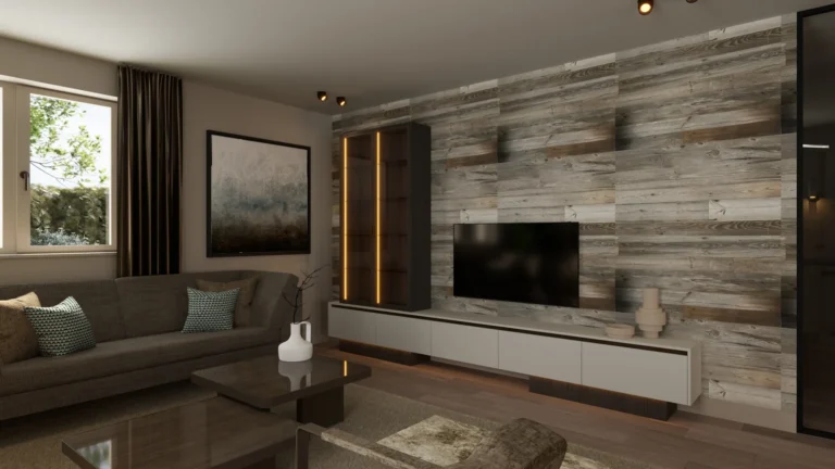 Het maatwerk tv-meubel in Nes, opgenomen in de architectuur van de woning.