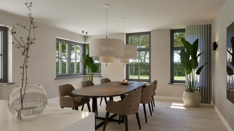 De eettafel in Staphorst, geplaatst in de lijn van de architectuur.