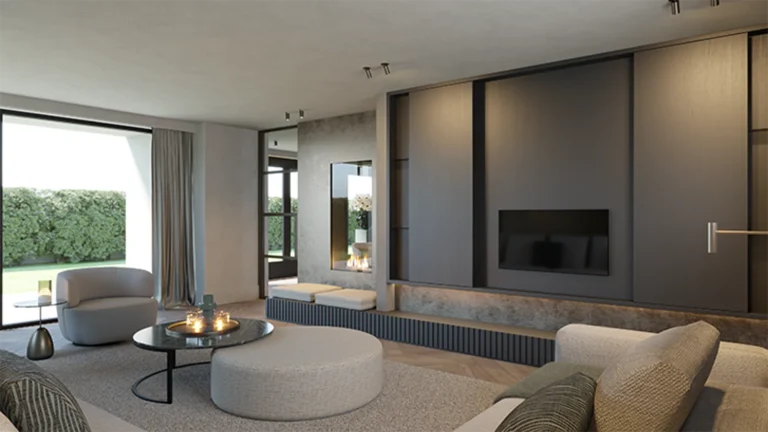 Het tv-meubel in Tolbert, onderdeel van het interieurplan.